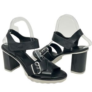 Hispanitas women's Gigi black leather open toe block heels size 7/EU 38